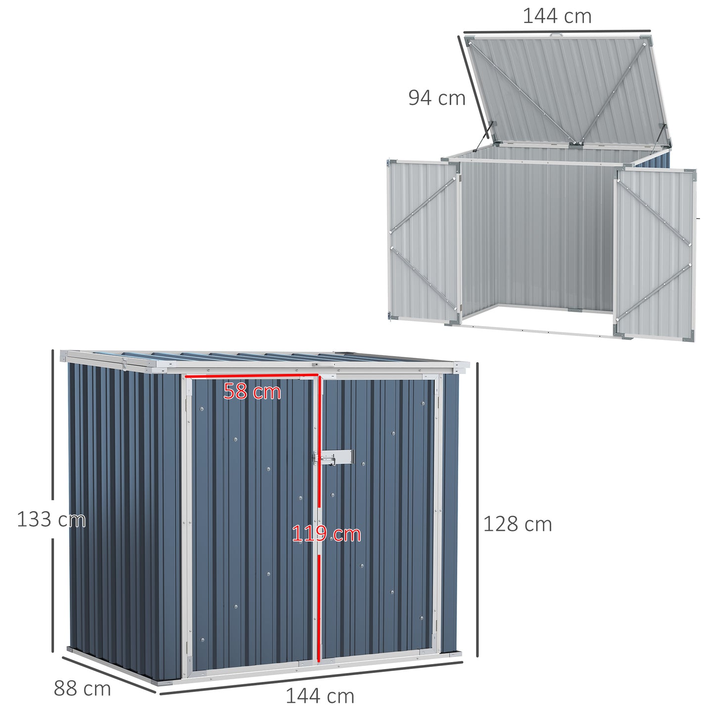 Outsunny 5ft x 3ft Garden 2-Bin Steel Storage Shed, podwójny schowek na śmieci, ukryty kosz na śmieci z zamykanymi drzwiami i otwieraną pokrywą