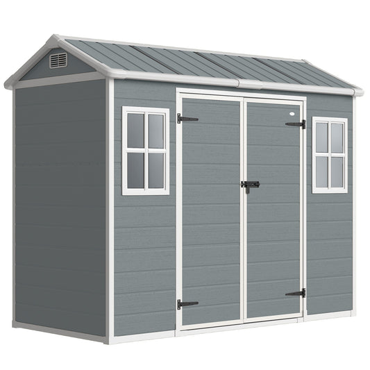 Outsunny 8 x 4 ft Resin Garden Shed, Wood-Effect Outdoor Storage Shed with Floor, Windows, Lockable Doors and Vents, Light Grey