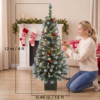 HOMCOM 4ft Pre-Lit Slim Artificial Christmas Tree Set of 2, with 100 Dual-Colour LED Lights, 140 Frosted Branch Tips