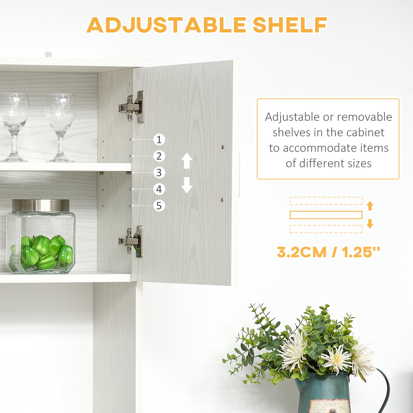 HOMCOM Freestanding Kitchen Cupboard, Modern Kitchen Storage Cabinet with Doors, Microwave Counter and Adjustable Shelves, White