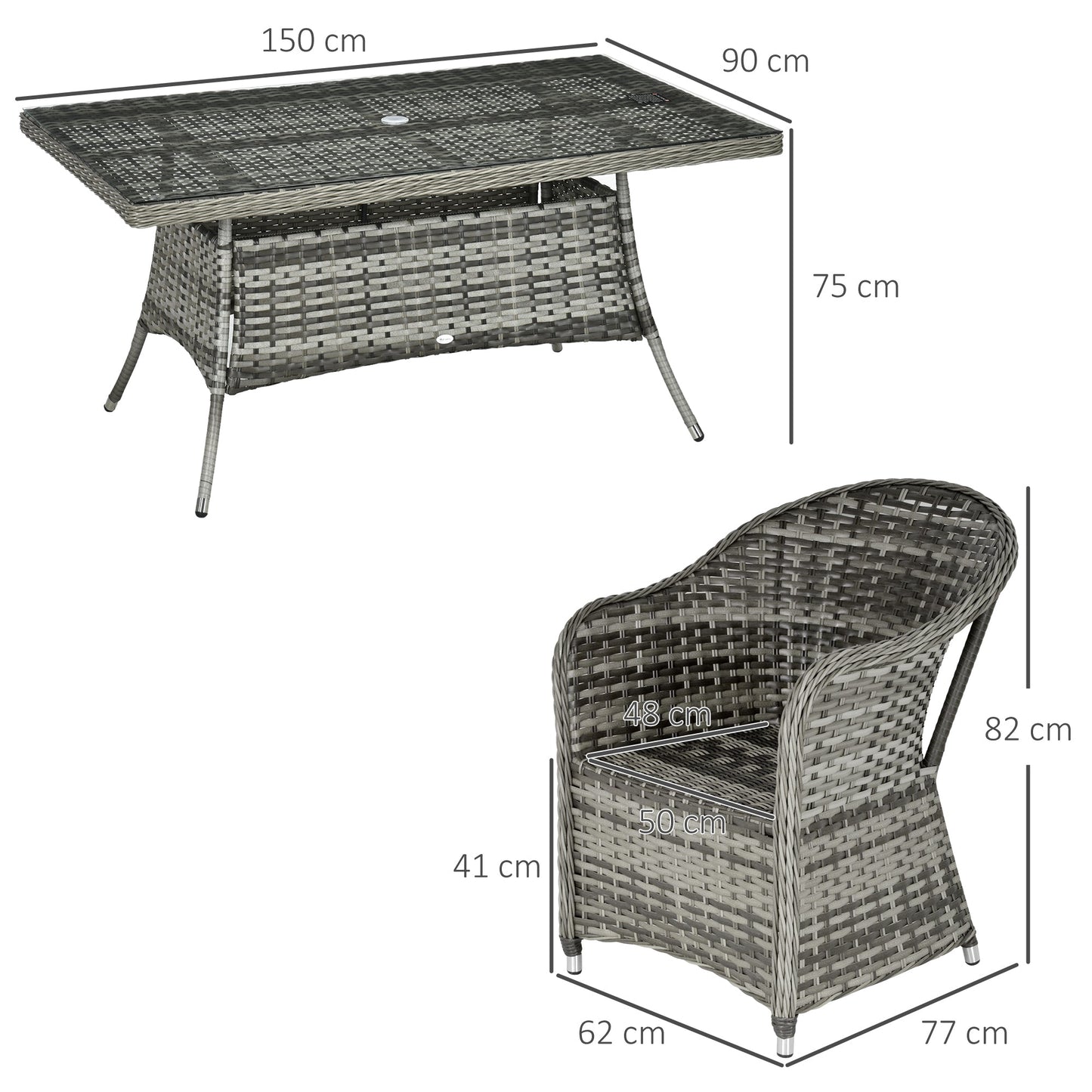 Outsunny 6 Seater Rattan Dining Set with Seat and Back Cushions, Round PE Rattan Garden Furniture Set, Outdoor Dining Table and Chairs, Rectangular Glass Top Table with Umbrella Hole, Grey