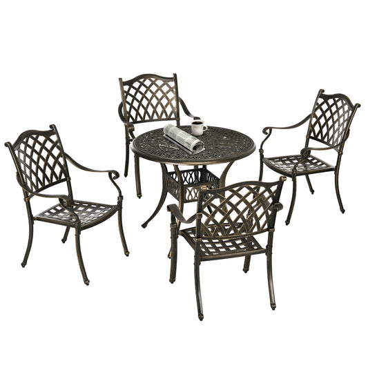 Outsunny 5-Piece Outdoor Furniture Dining Set, Cast Aluminum Conversation Set Includes 4 Chairs and â90cm Round Table with â50mm Umbrella Hole for Patio Garden Deck, Flower Design