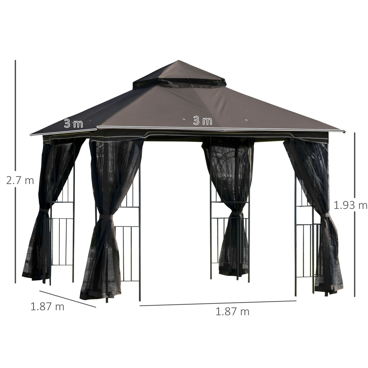 Outsunny Gazebo Garden Outdoor Canopy Double Tier Roof with Removable Mesh Curtains Display Shelves Top Hooks-Coffee