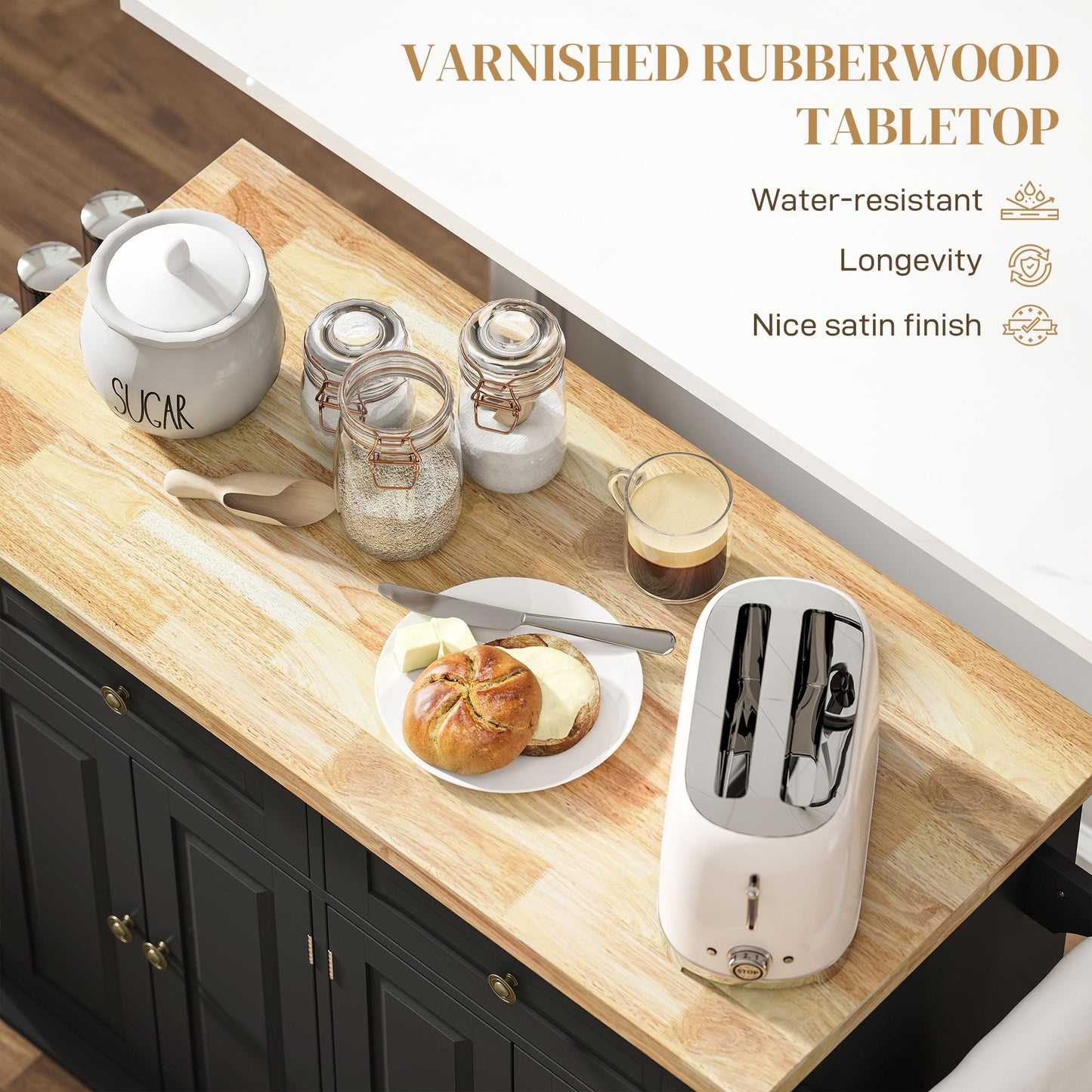 HOMCOM Rolling Kitchen Island Storage Trolley with Rubber Wood Top & Drawers for Dining Room, Black