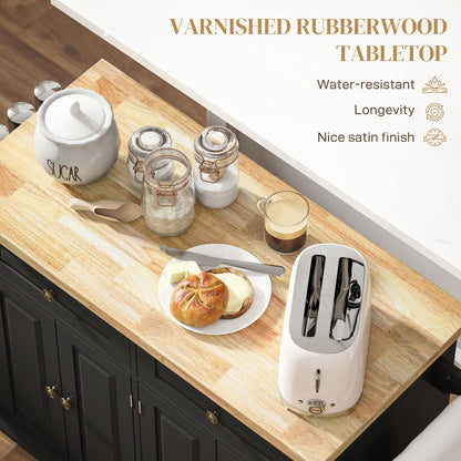 HOMCOM Rolling Kitchen Island Storage Trolley with Rubber Wood Top & Drawers for Dining Room, Black