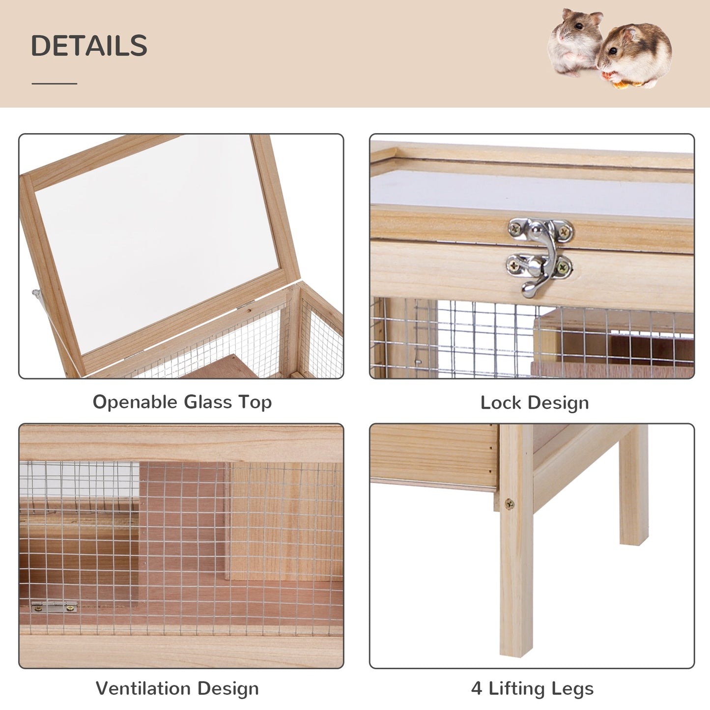 PawHut Hamster Cage Rodent Pet Small Animal Kit Large Wooden hut Box Double Layers Easy Clean 46 x 34 x 48 cm