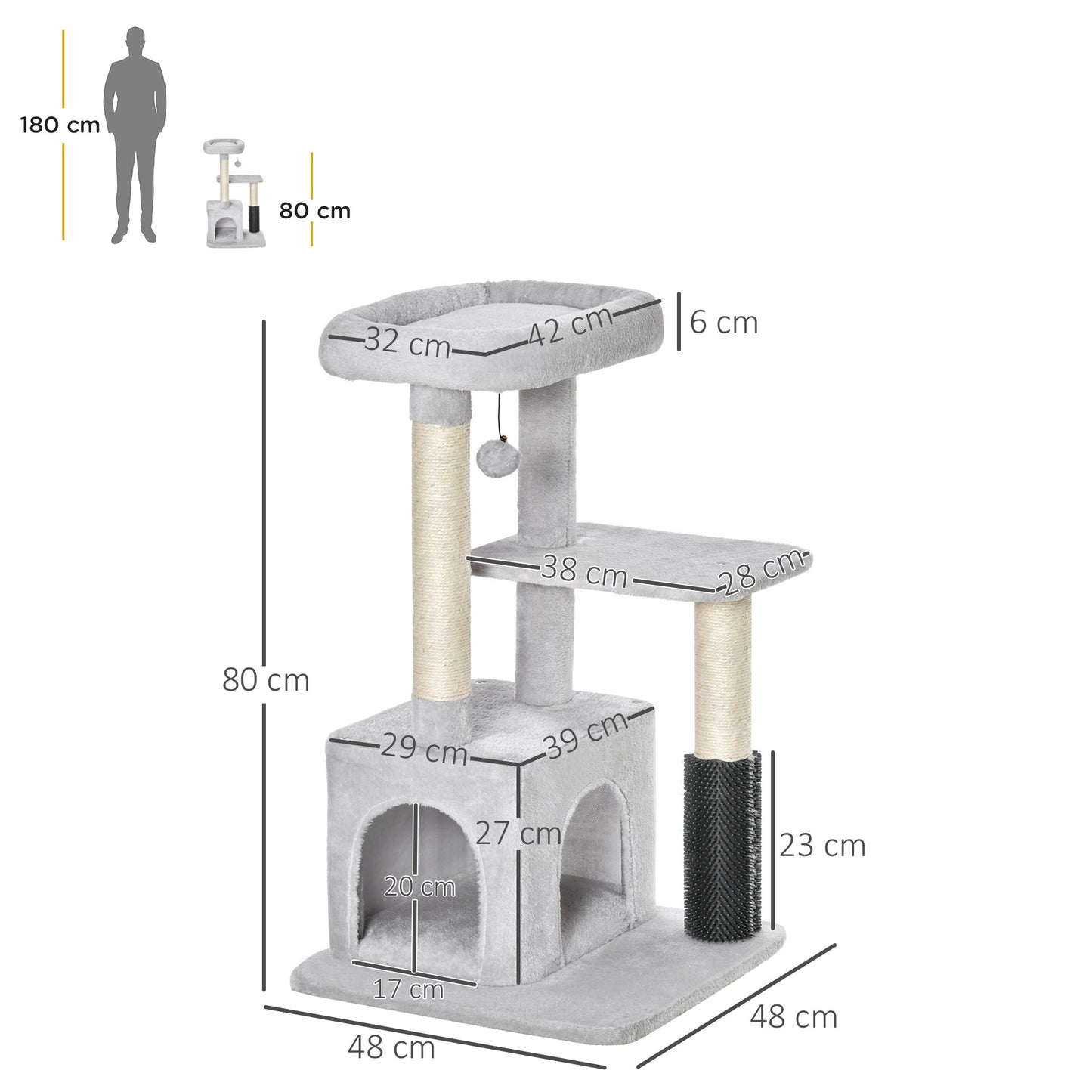 PawHut Cat Tree Tower Climbing Activity Center Kitten Furniture with Sisal Post Scratching Massage Toy Hanging Ball Bed Condo Perch 48 x 48 x 80cm Light Grey w/