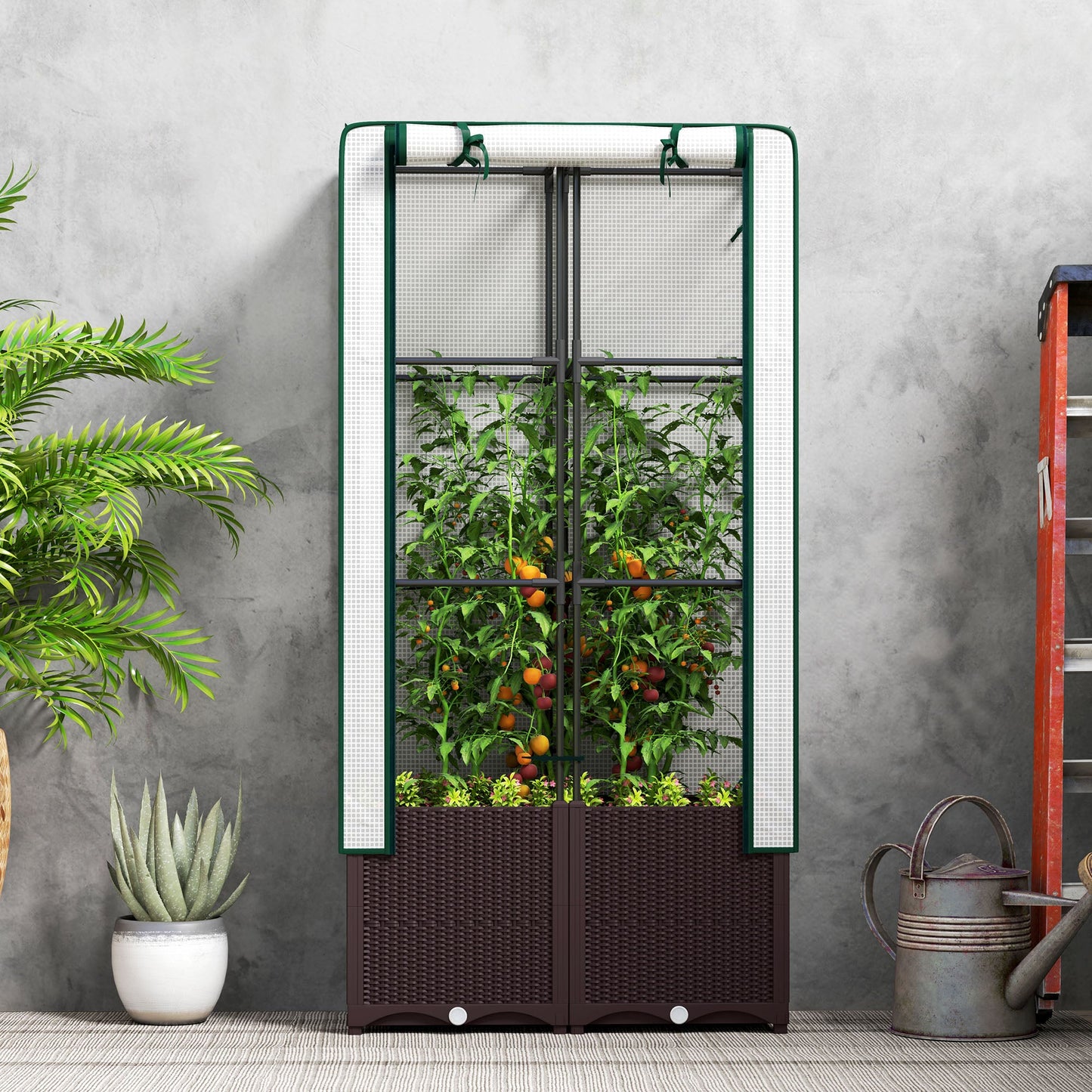 Outsunny Raised Garden Bed with Trellis, Plastic Planter Box with PE Cover, Drainage Holes and Drain Plugs for Climbing Plants, Vegetables, Flowers, 80 x 40 x 140 cm