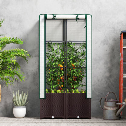 Outsunny Raised Garden Bed with Trellis, Plastic Planter Box with PE Cover, Drainage Holes and Drain Plugs for Climbing Plants, Vegetables, Flowers, 80 x 40 x 140 cm