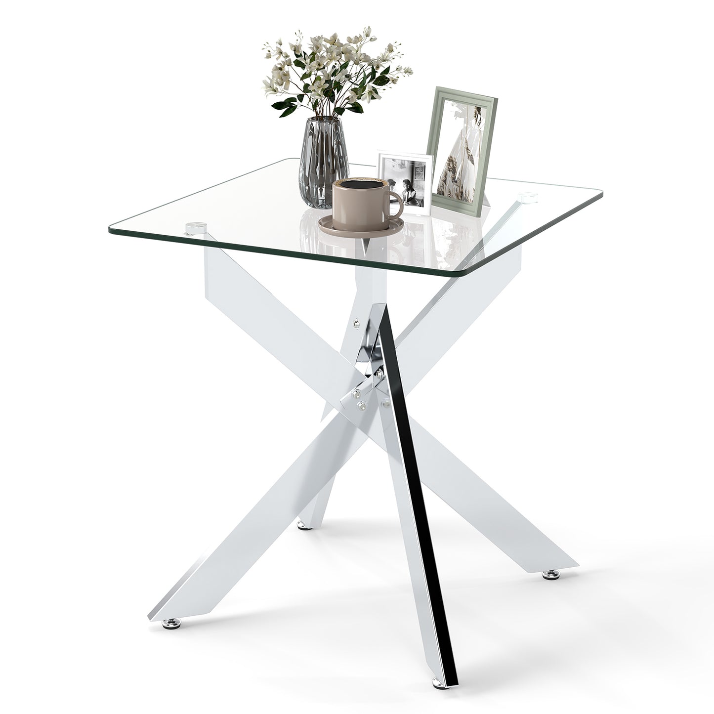 Glass Side Table with Tempered Glass Top and Metal X Base-Silver