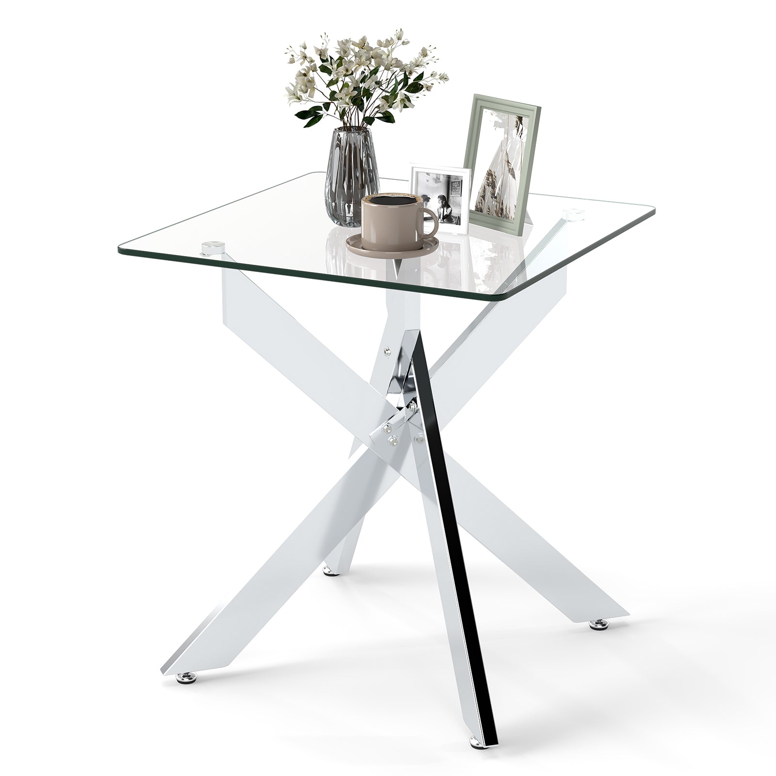 Glass Side Table with Tempered Glass Top and Metal X Base-Silver