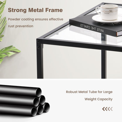 Modern 2-Tier Square Glass Coffee Table with Storage-Black