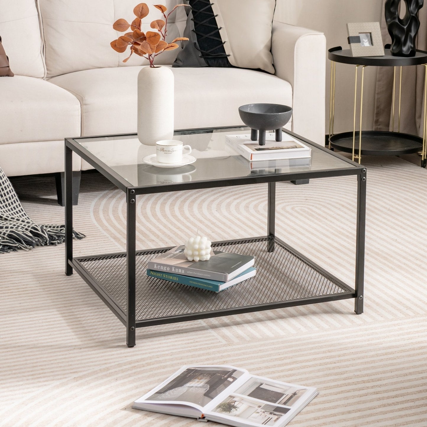 Modern 2-Tier Square Glass Coffee Table with Storage-Black