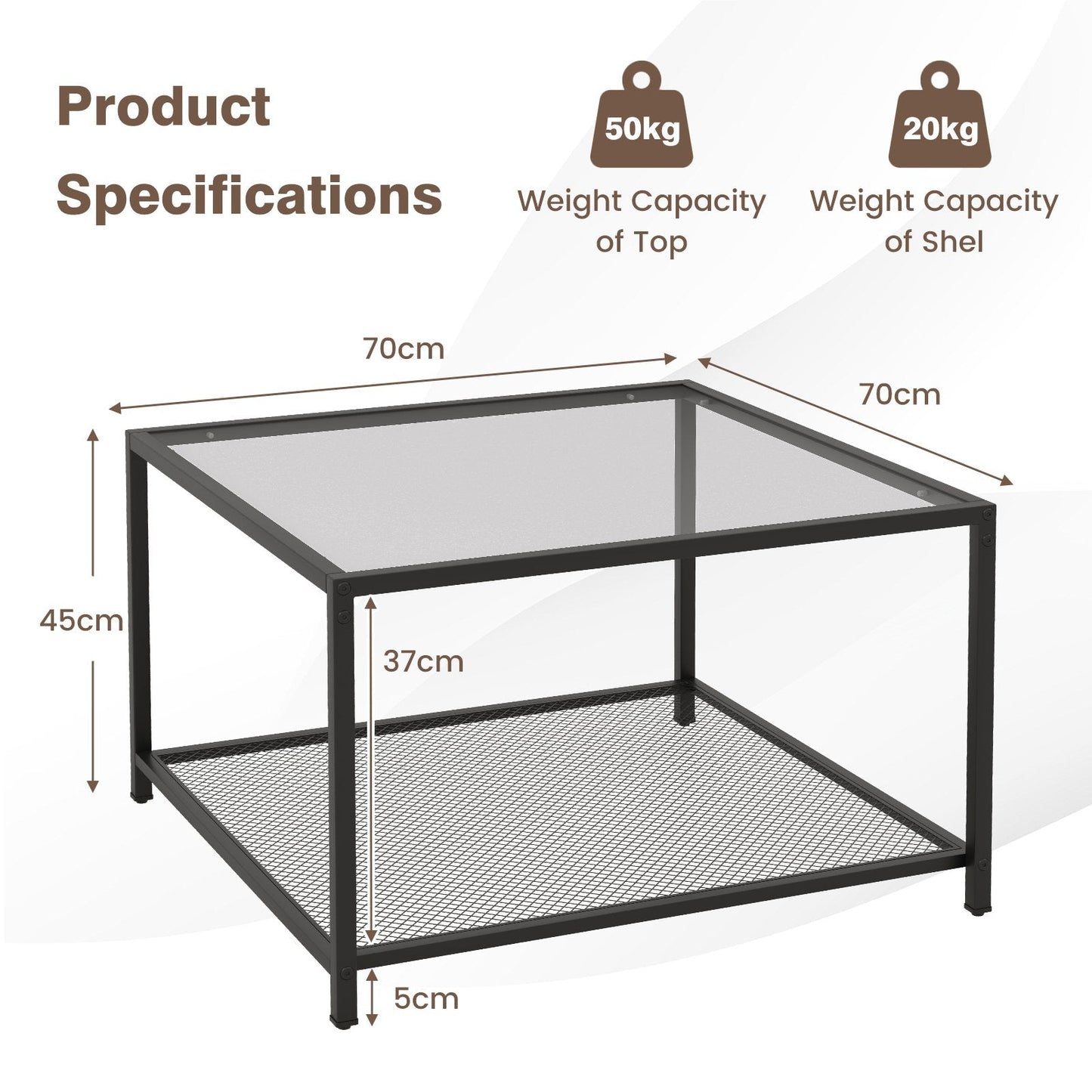 Modern 2-Tier Square Glass Coffee Table with Storage-Grey
