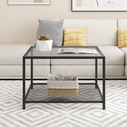 Modern 2-Tier Square Glass Coffee Table with Storage-Grey