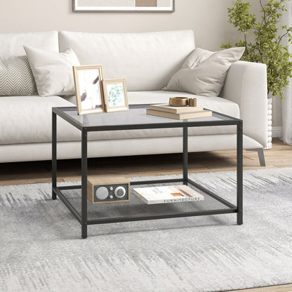 Modern 2-Tier Square Glass Coffee Table with Storage-Grey