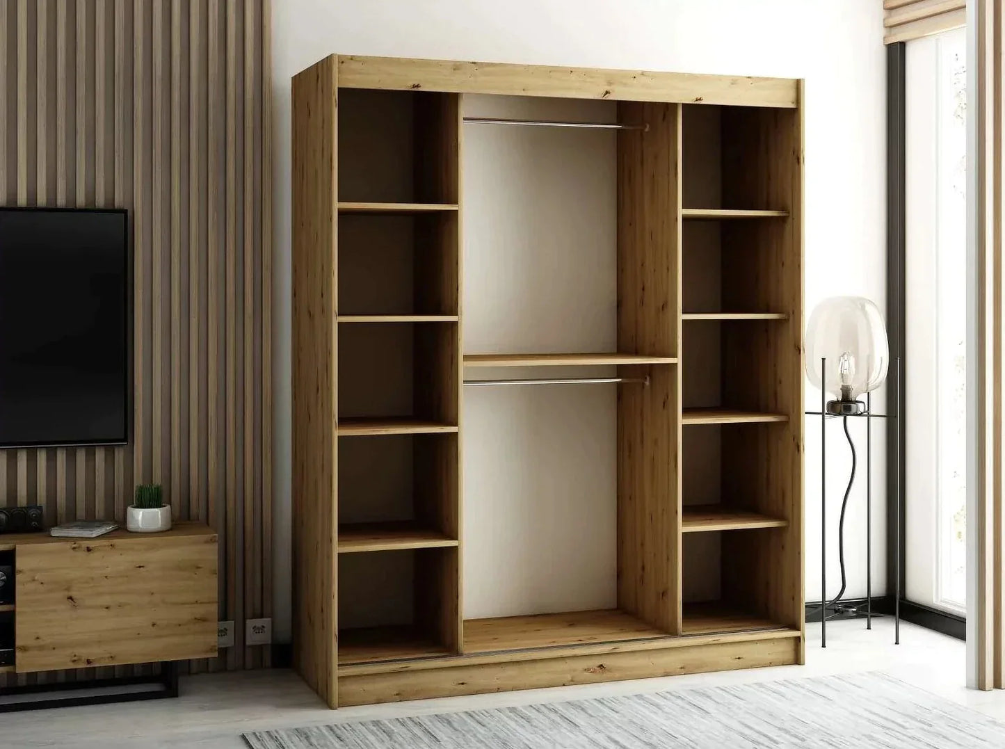 Gloucester 180cm Sliding Door Wardrobe Strips Design - Black, Artisan Oak, White