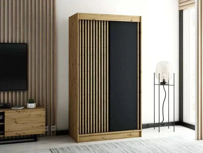 Gloucester 120cm Sliding Door Wardrobe Strips Design - White, Black, Artisan Oak