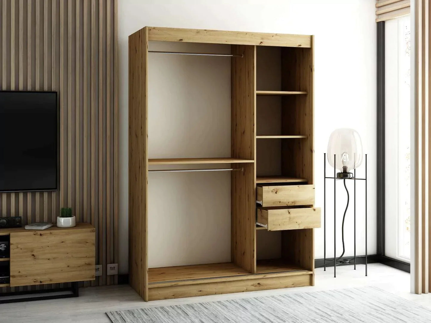 Gloucester 150cm Sliding Door Wardrobe Strips Design - White, Black, Artisan Oak