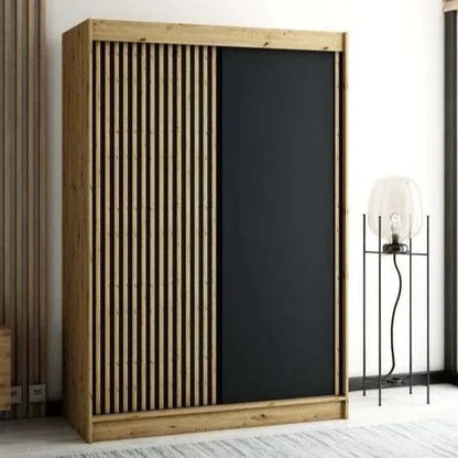 Gloucester 150cm Sliding Door Wardrobe Strips Design - Artisan Oak, Black, White