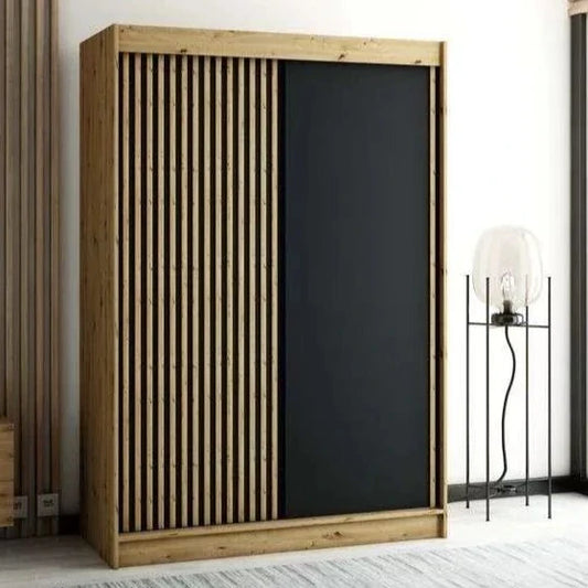 Gloucester 150cm Sliding Door Wardrobe Strips Design - Artisan Oak, Black, White