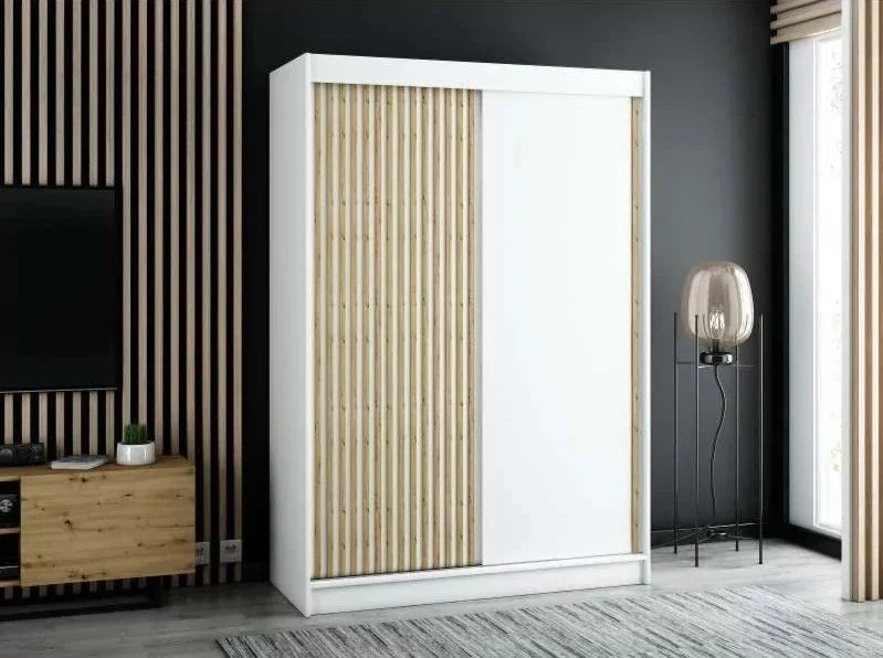 Gloucester 150cm Sliding Door Wardrobe Strips Design - Artisan Oak, Black, White