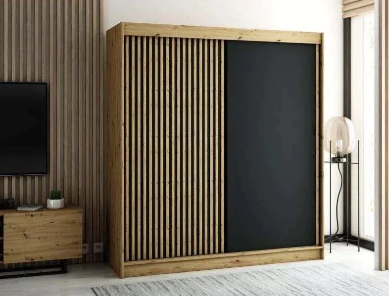 Gloucester 200cm Sliding Door Wardrobe Strips Design - White, Black, Artisan Oak