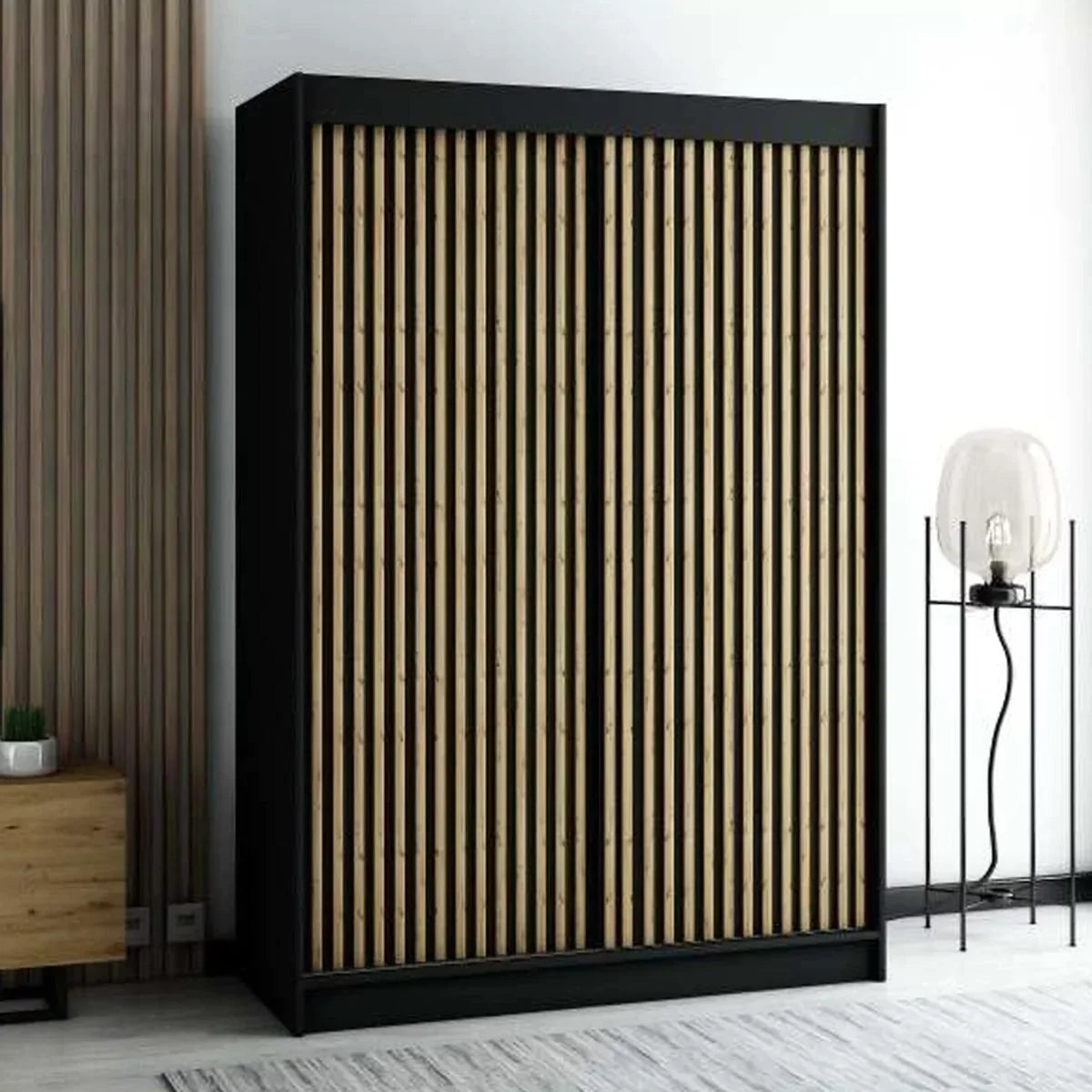 Gloucester I 150cm Sliding Door Wardrobe Strips Design - White, Black, Artisan Oak