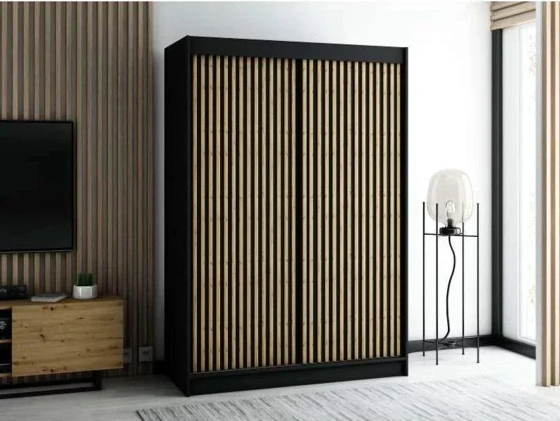 Gloucester I 150cm Sliding Door Wardrobe Strips Design - Black, Artisan Oak, White