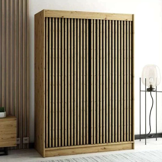 Gloucester I 150cm Sliding Door Wardrobe Strips Design - Artisan Oak, Black, White