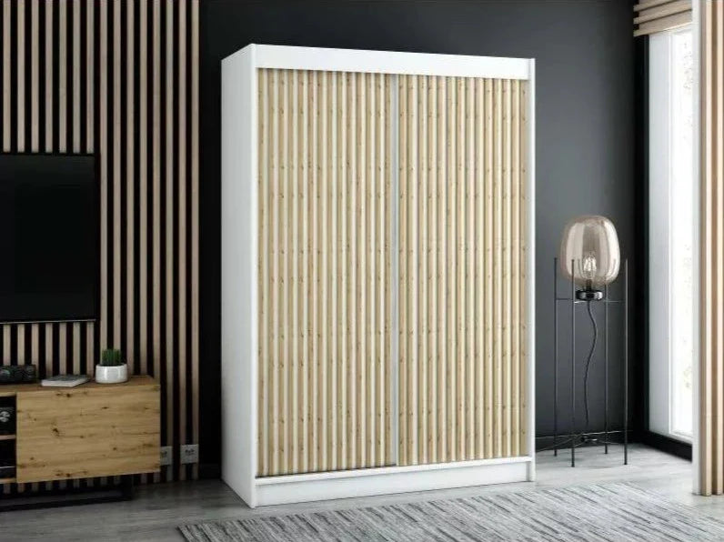 Gloucester I 150cm Sliding Door Wardrobe Strips Design - White, Black, Artisan Oak