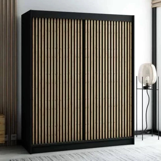 Gloucester I 180cm Sliding Door Wardrobe Strips Design - Black, White, Artisan Oak