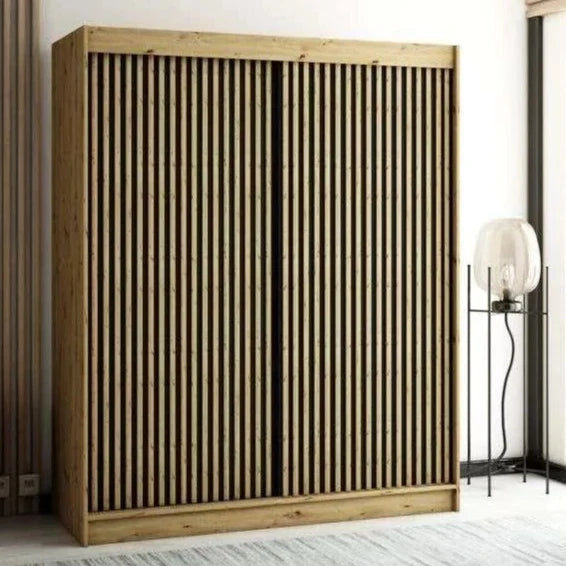 Gloucester I 180cm Sliding Door Wardrobe Strips Design - Artisan Oak, Black, White