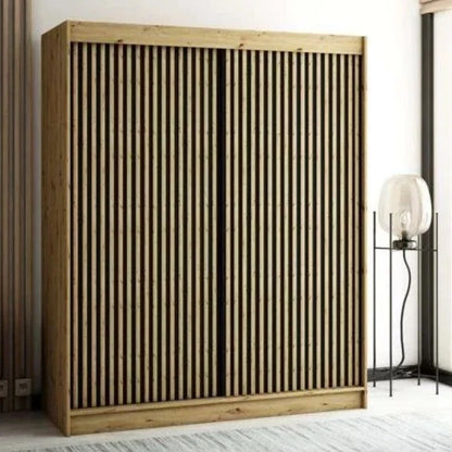 Gloucester I 180cm Sliding Door Wardrobe Strips Design - Artisan Oak, Black, White