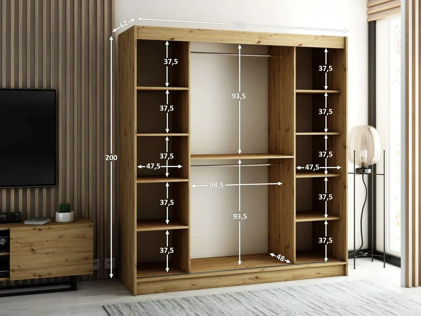 Gloucester I 200cm Sliding Door Wardrobe Strips Design - Black, White, Artisan Oak