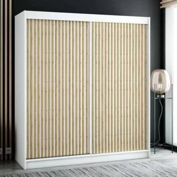 Gloucester I 200cm Sliding Door Wardrobe Strips Design - Black, White, Artisan Oak