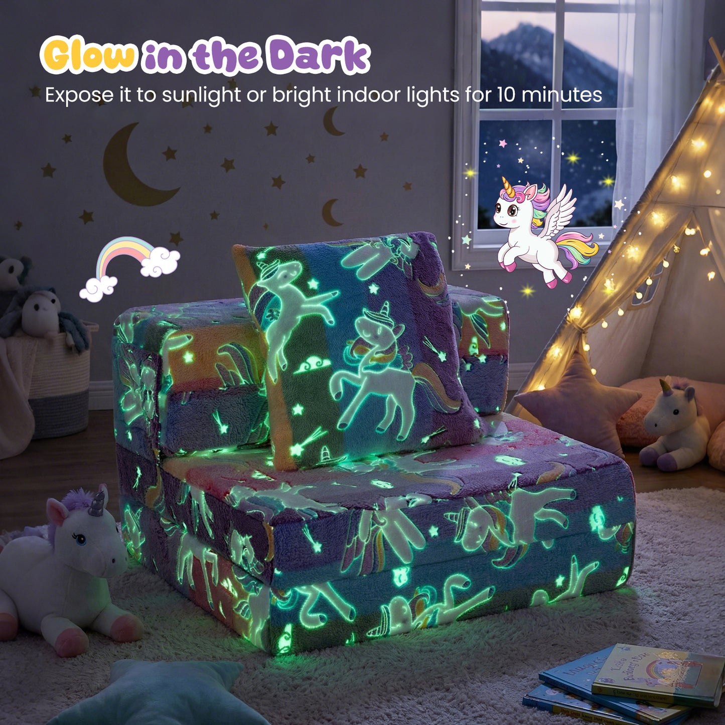 Glow In the Dark Kids Couch with Washable Zippered Covers and Extra Pillow-Colourful