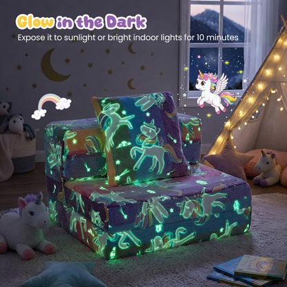 Glow In the Dark Kids Couch with Washable Zippered Covers and Extra Pillow-Colourful