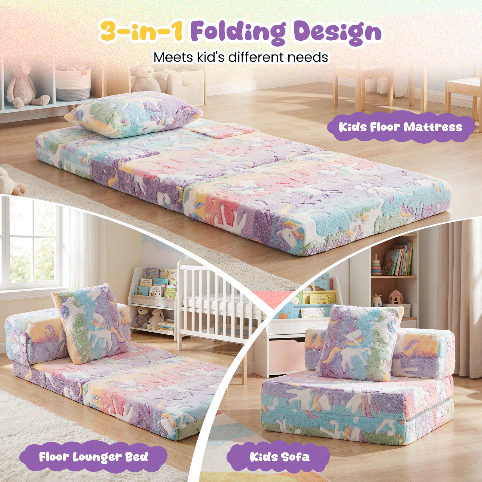 Glow In the Dark Kids Couch with Washable Zippered Covers and Extra Pillow-Colourful