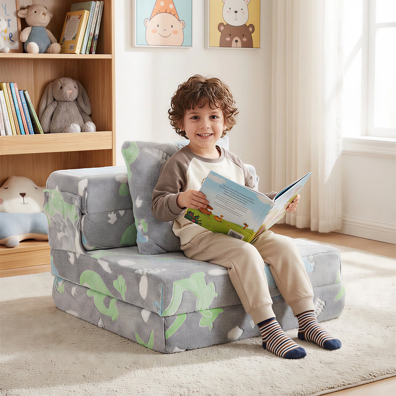 Glow In the Dark Kids Couch with Washable Zippered Covers and Extra Pillow-Grey