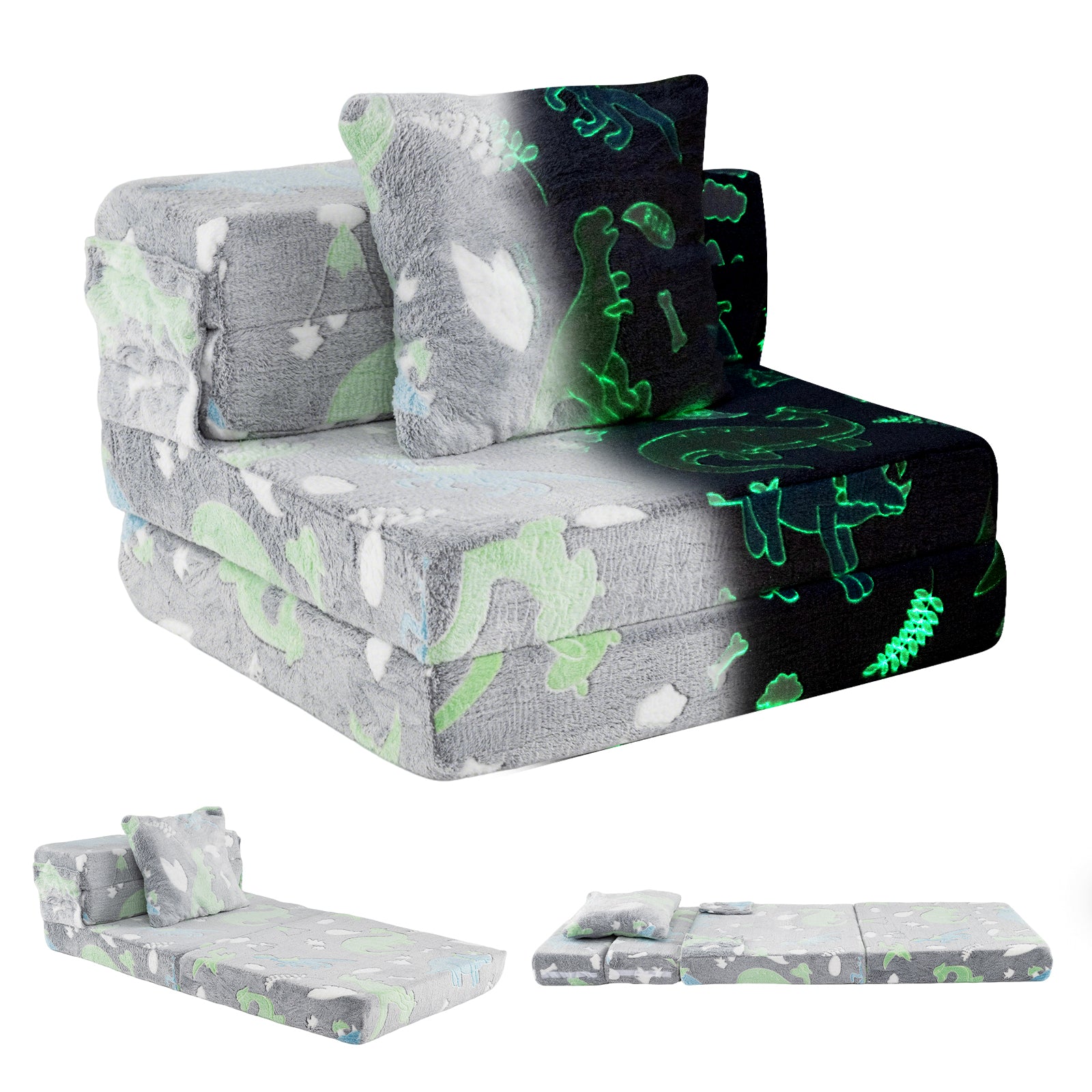 Glow In the Dark Kids Couch with Washable Zippered Covers and Extra Pillow-Grey