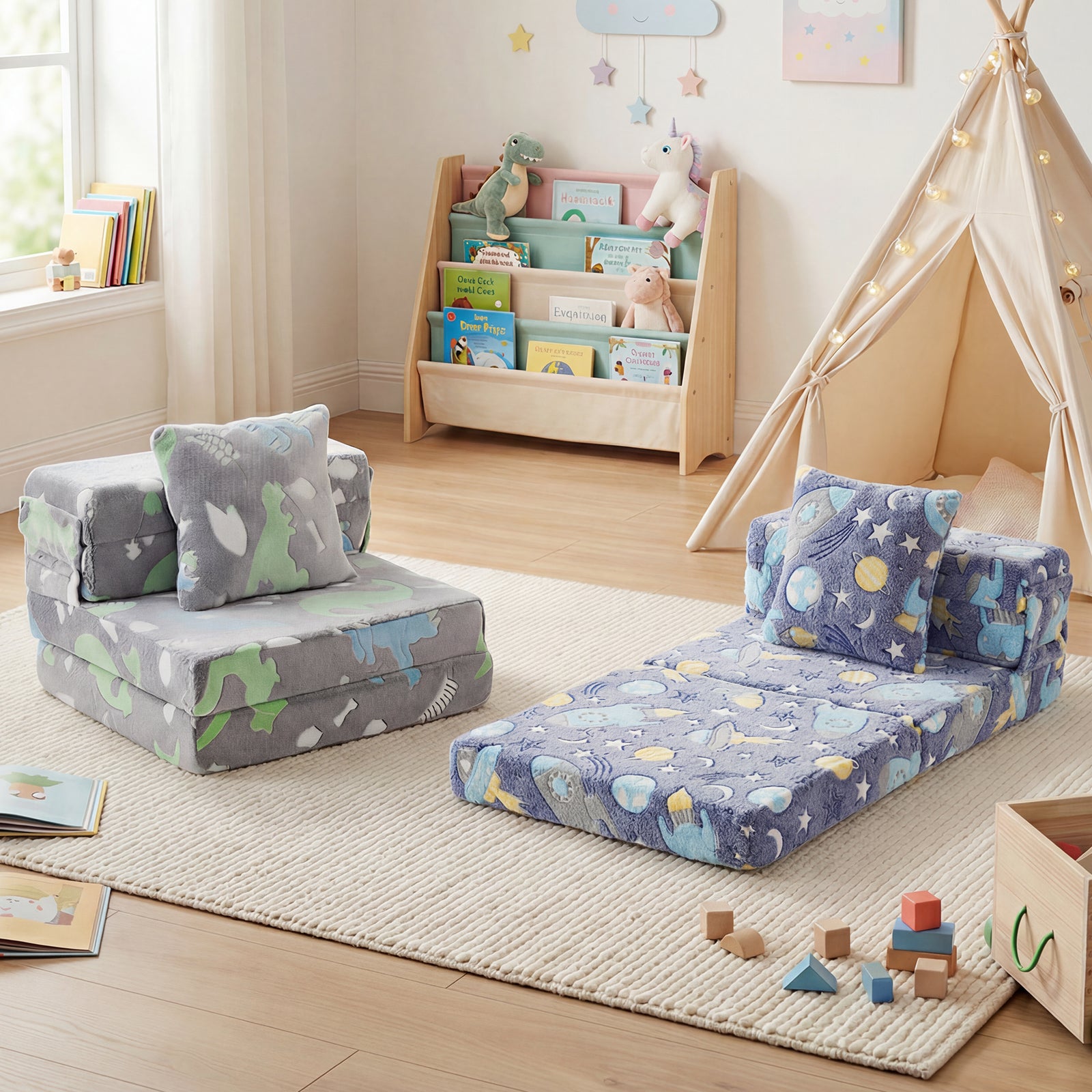 Glow In the Dark Kids Couch with Washable Zippered Covers and Extra Pillow-Navy