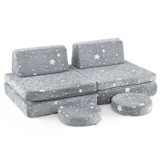 Glow in the Dark Modular Kids Play Couch Set with Machine-washable Flannel Covers and Portable Handles-Grey