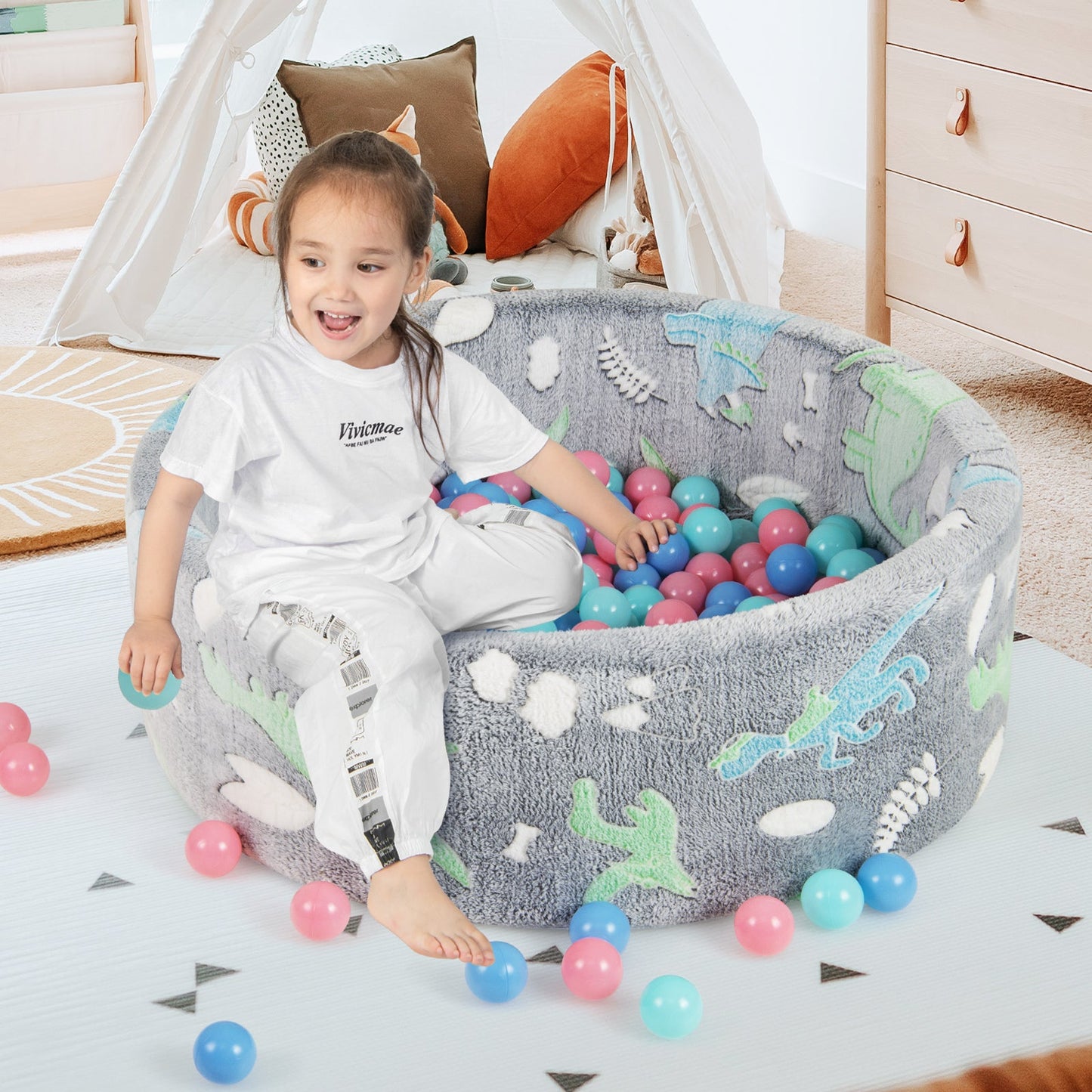 Glow in the Dark Round Ball Pool with 200 Colorful Ocean Balls-Grey