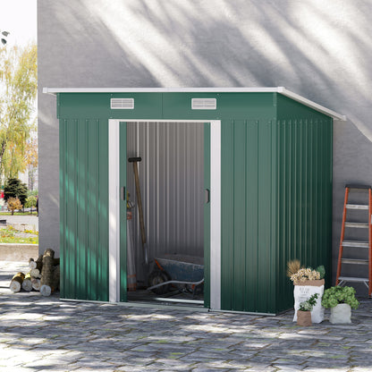 Outsunny 7 x 4 stopy szopa ogrodowa z zestawem fundamentowym, przybudowana do metalowej szopy ogrodowej na drewno, śmietnik, narzędzia, kosiarkę, rower, patio i trawnik, zielona