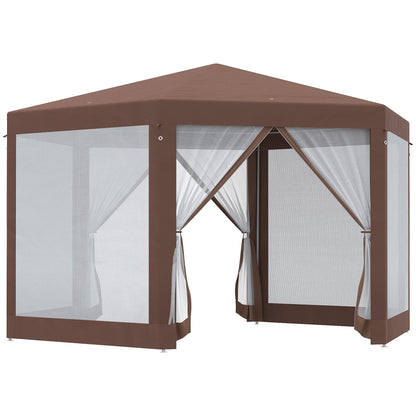 Outsunny Hexagonal Garden Gazebo Patio Party Outdoor Canopy Tent Sun Shelter with Mosquito Netting and Zipped Door, Brown