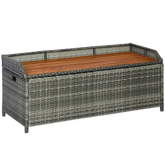 Outsunny Patio Wicker Storage Bench Box, Outdoor Garden PE Rattan Pool Storage Deck Bin Box z blatem z naturalnego drewna, pokrywką, idealny do przechowywania narzędzi, akcesoriów i zabawek, mieszany szary