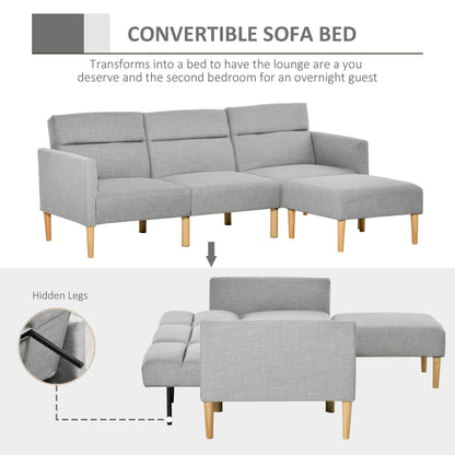 HOMCOM L Shape Sofa Bed Set, Linen Fabric Corner Sofa Bed with Rubber Wood Legs and Footstool, Light Grey