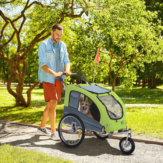 PawHut Dog Bike Trailer Pet Stroller Cart Carrier for Bicycle 360° Rotatable with Reflectors 3 Wheels Hitch Coupler Push/ Pull/ Brake Water Resistant Green