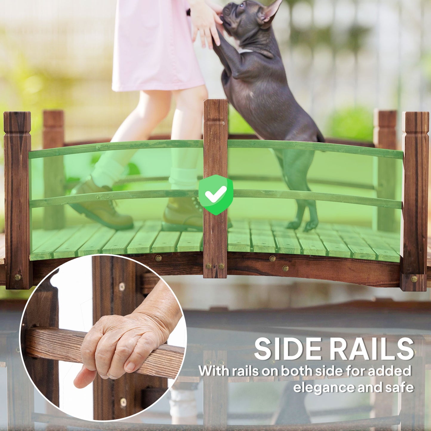 Outsunny 1.5M Wooden Garden Bridge Lawn Decor Stained Finish Arc Outdoor Pond Walkway w/ Railings Water Yard Decoration